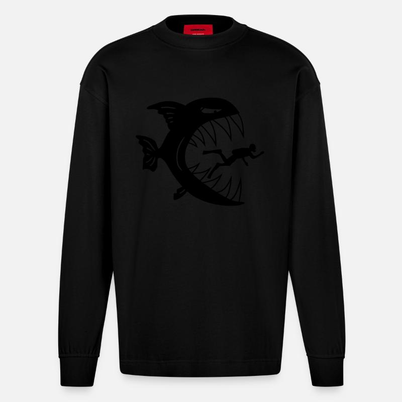 Monster Fish Eats Diver - Heavyweight Oversized Organic Langarmshirt Made in EU - SOLID BLACK