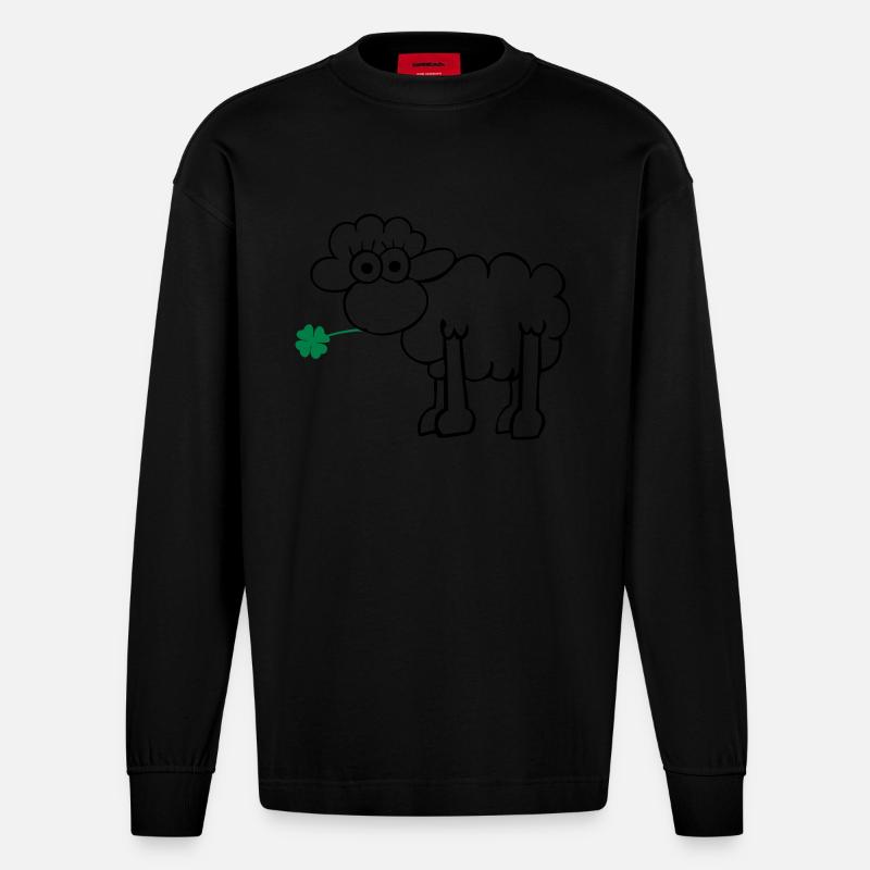 Schaf mit Kleeblatt - Heavyweight Oversized Organic Langarmshirt Made in EU - SOLID BLACK