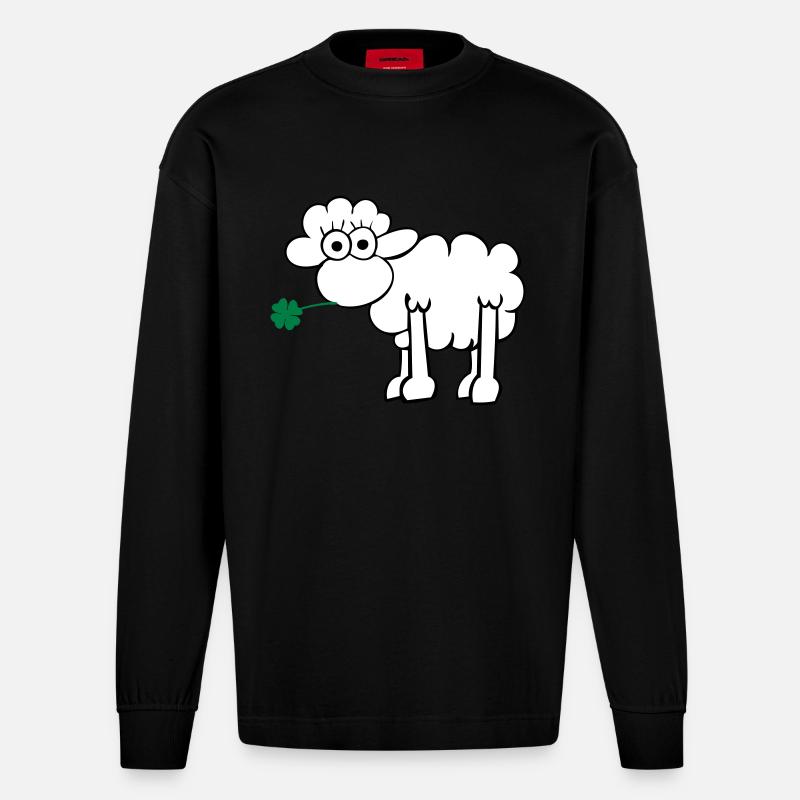 Schaf mit Kleeblatt - Heavyweight Oversized Organic Langarmshirt Made in EU - SOLID BLACK