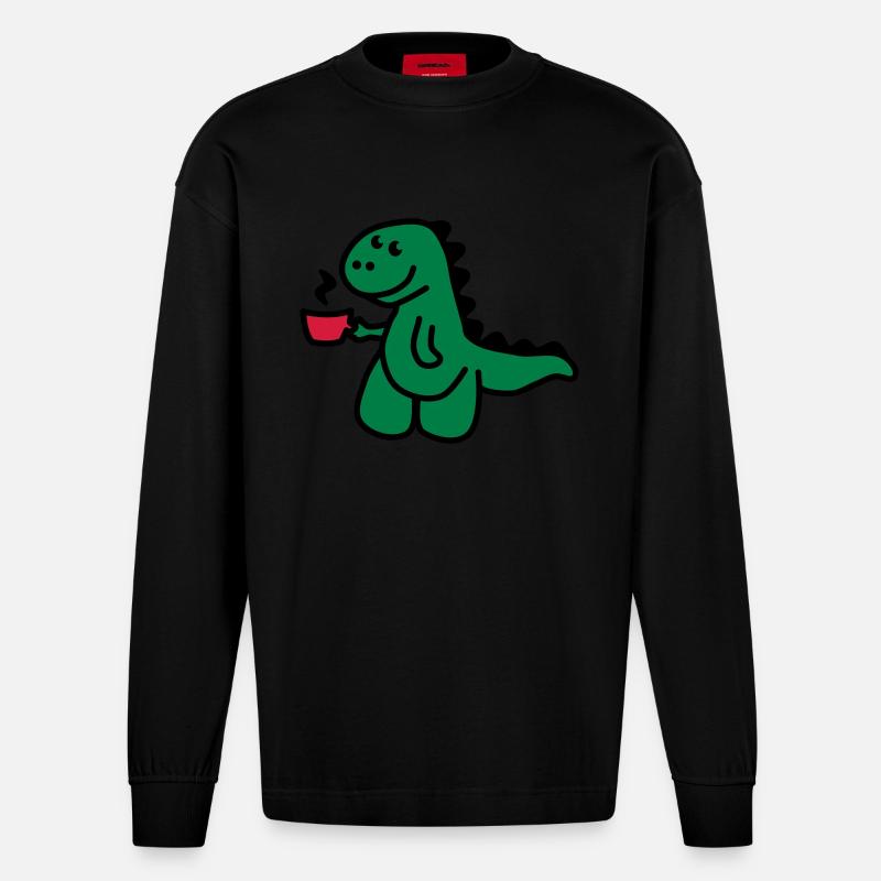 T-Rex liebt seinen Kaffee - Heavyweight Oversized Organic Langarmshirt Made in EU - SOLID BLACK