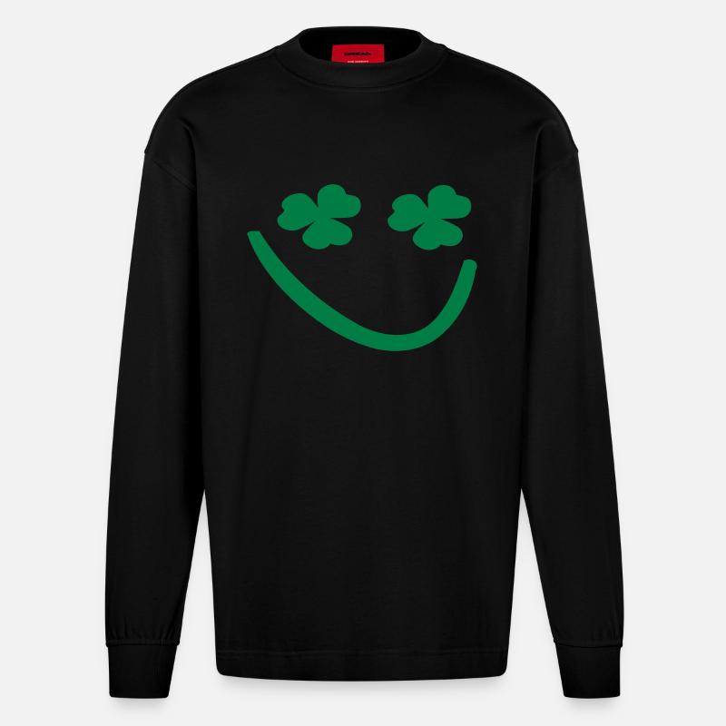 Shamrock Smiley-Gesicht - Heavyweight Oversized Organic Langarmshirt Made in EU - SOLID BLACK