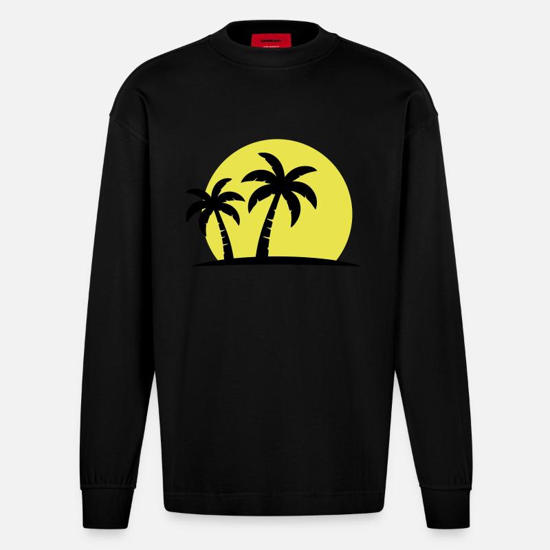 Palm Tree Beach Sunset Holiday - Manches longues bio épais oversize fabriqué en UE - SOLID BLACK