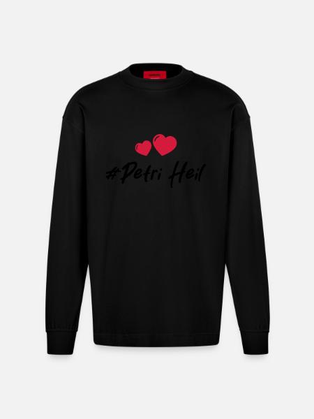 Petri Heil Heart Fishing - Heavyweight Oversized Organic Longsleeve Shirt Made in EU - SOLID BLACK