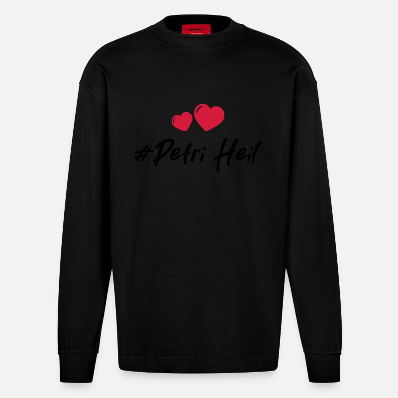 Petri Heil Herz Fischen - Heavyweight Oversized Organic Langarmshirt Made in EU - SOLID BLACK