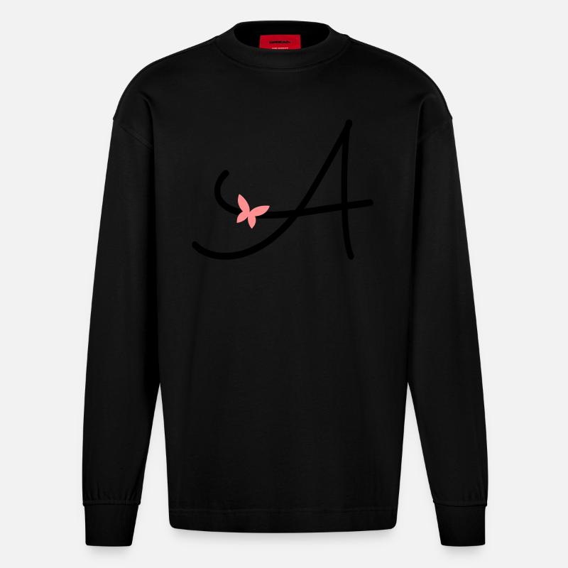 Lettre A Lettre Initiale Papillon - Manches longues bio épais oversize fabriqué en UE - SOLID BLACK