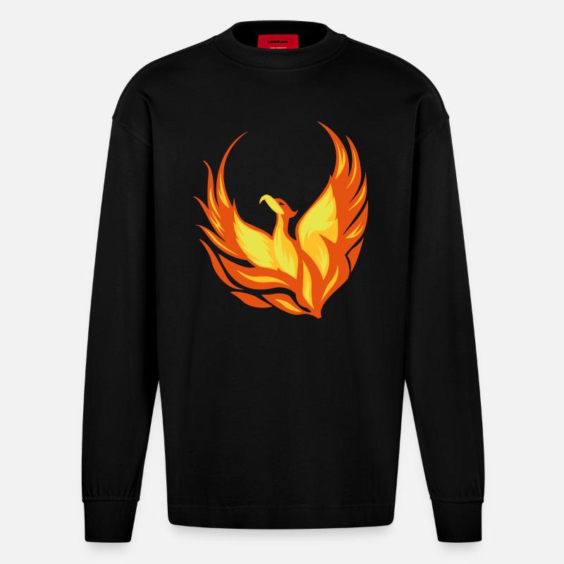 Feuervogel Phönix Flammen Federn - Heavyweight Oversized Organic Langarmshirt Made in EU - SOLID BLACK