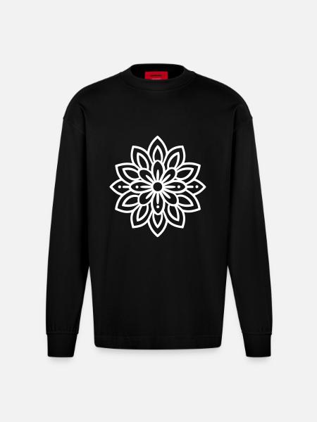 Mandala Blossom Icon - Heavyweight Oversized Organic Longsleeve Shirt Made in EU - SOLID BLACK