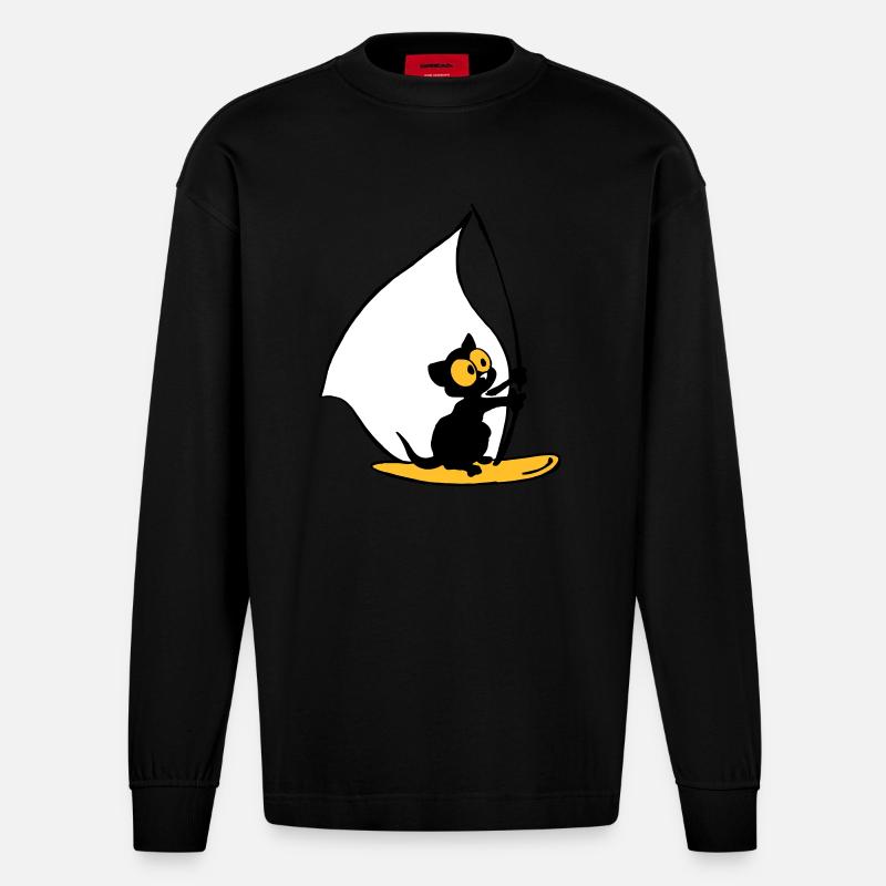 Georgie Kätzchen segelt - Heavyweight Oversized Organic Langarmshirt Made in EU - SOLID BLACK