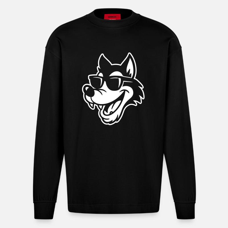 Wolf Comic Lustig - Heavyweight Oversized Organic Langarmshirt Made in EU - SOLID BLACK