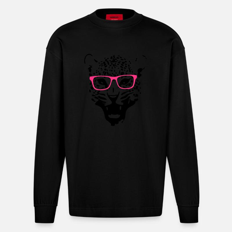 Leopard Nerd Brille 2c - Heavyweight Oversized Organic Langarmshirt Made in EU - SOLID BLACK