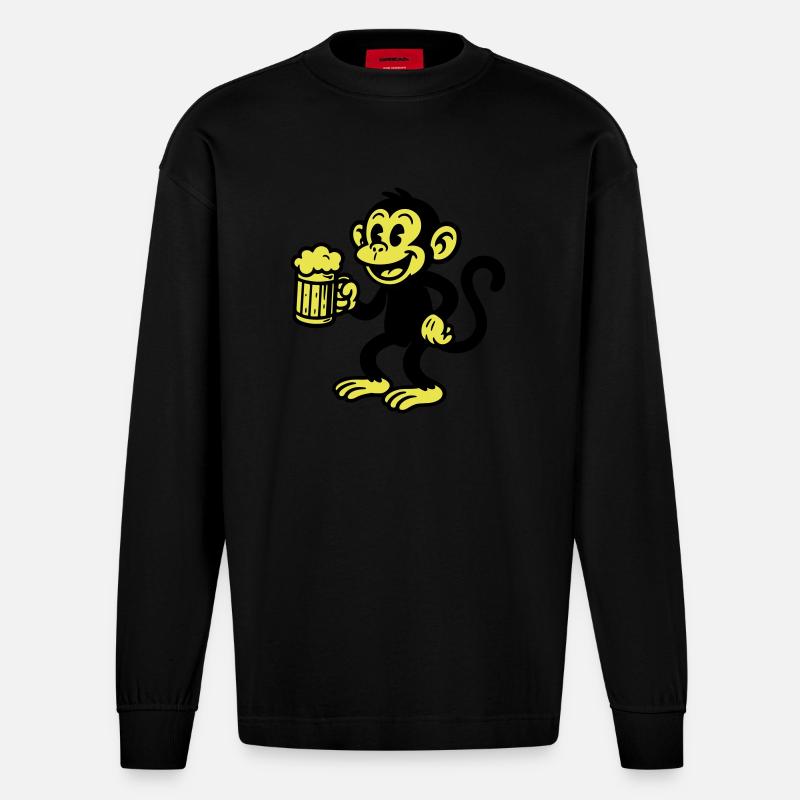 Monkey Beer Drinking - Manches longues bio épais oversize fabriqué en UE - SOLID BLACK