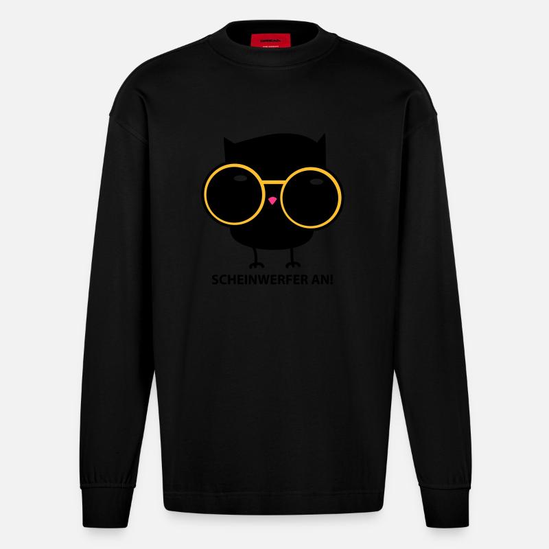 Eule mit Brille (b) - Heavyweight Oversized Organic Langarmshirt Made in EU - SOLID BLACK