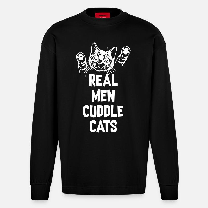 Real Man Cuddle Cats - Heavyweight Oversized Organic Langarmshirt Made in EU - SOLID BLACK