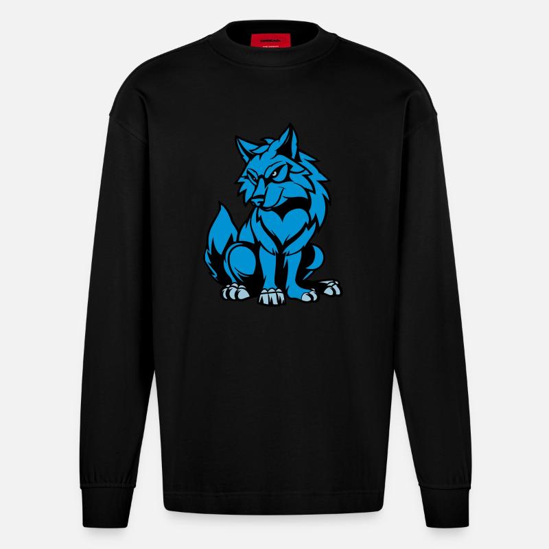 wolf comic tier - Heavyweight Oversized Organic Langarmshirt Made in EU - SOLID BLACK