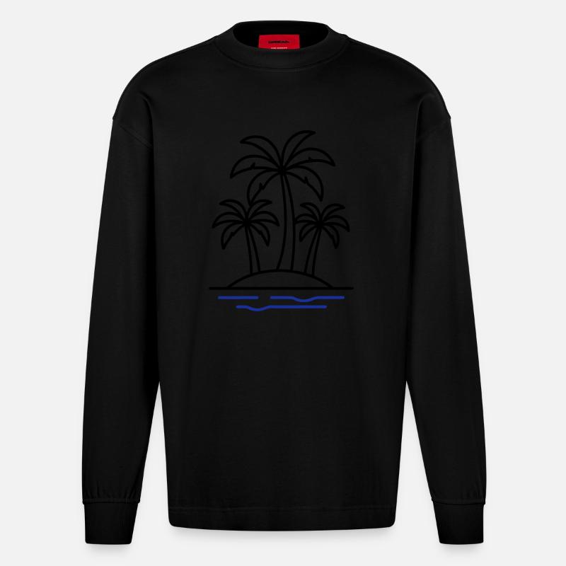 Palmen Insel Urlaub - Heavyweight Oversized Organic Langarmshirt Made in EU - SOLID BLACK