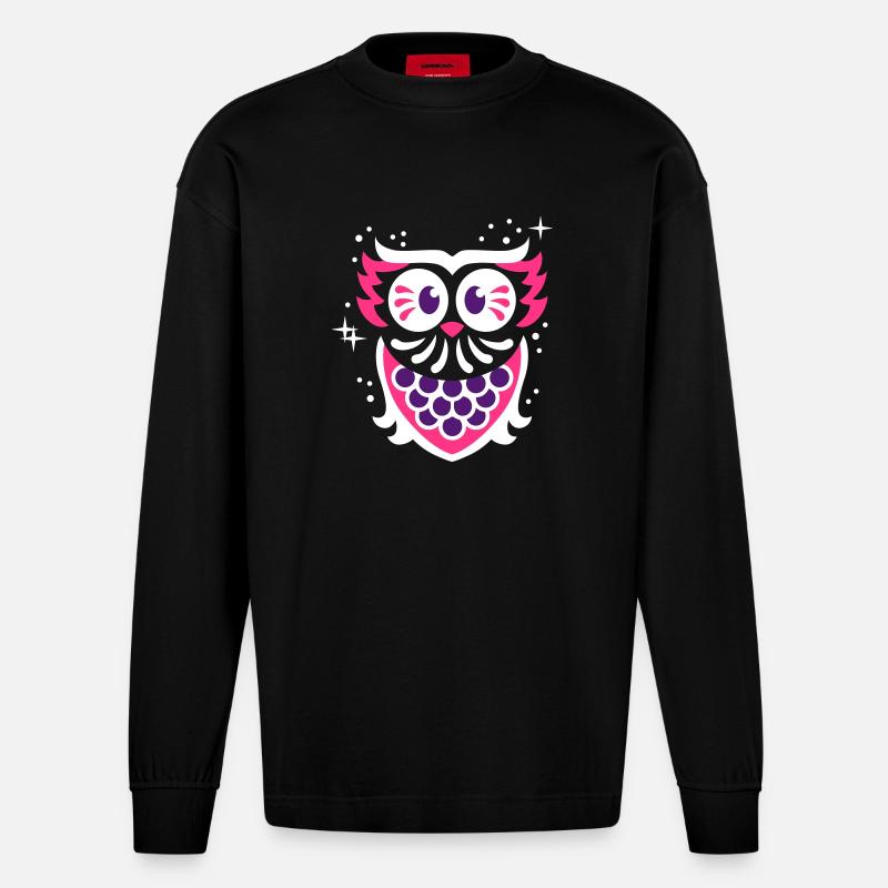Eule - owl - night - Heavyweight Oversized Organic Langarmshirt Made in EU - SOLID BLACK