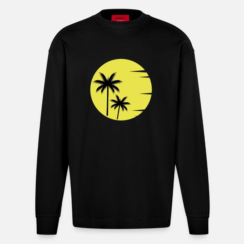 Sunset Palmen - Heavyweight Oversized Organic Langarmshirt Made in EU - SOLID BLACK