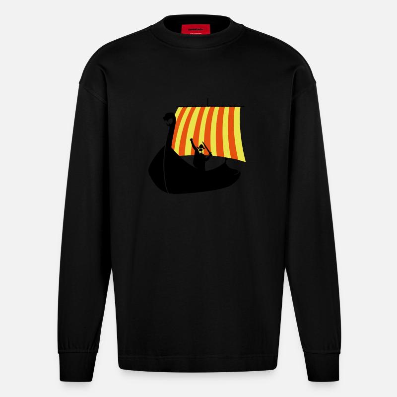 Wikingerschiff / viking boat (3c) - Heavyweight Oversized Organic Langarmshirt Made in EU - SOLID BLACK