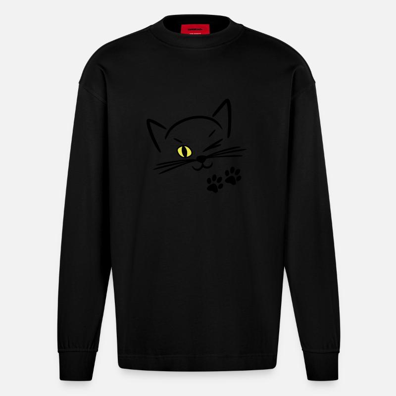 chat mignon, clin d'oeil - Manches longues bio épais oversize fabriqué en UE - SOLID BLACK