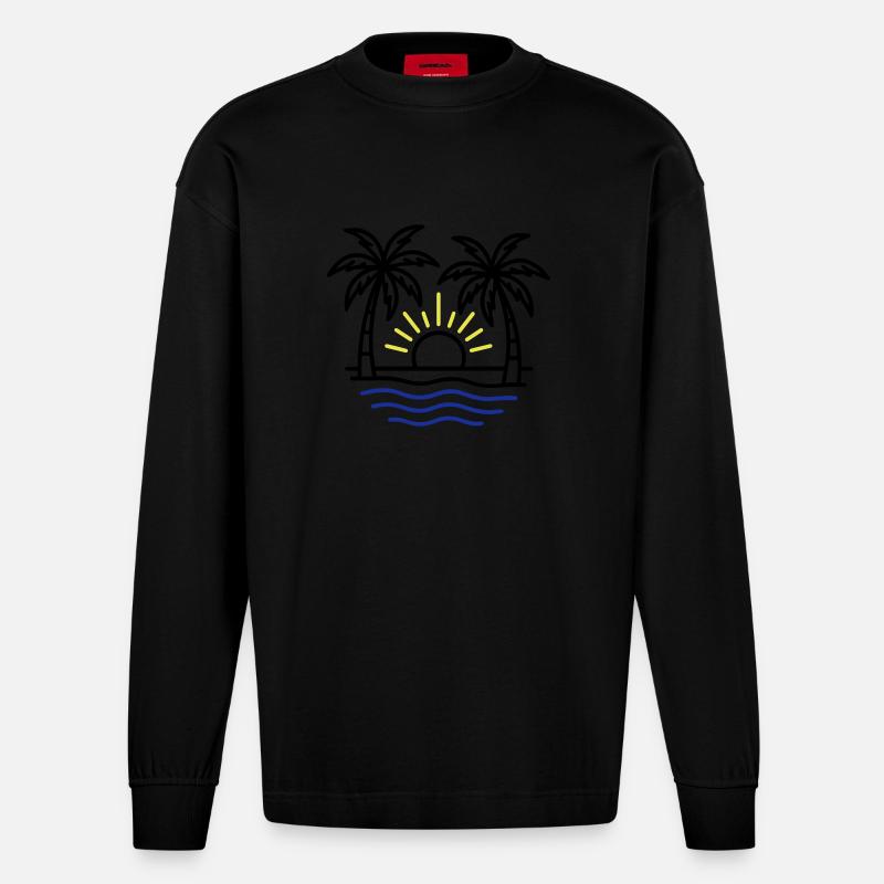 Sommer Palmen Strand - Heavyweight Oversized Organic Langarmshirt Made in EU - SOLID BLACK