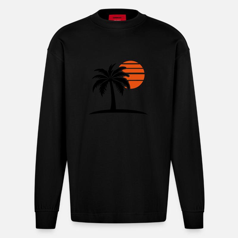 Palme Sonne Insel - Heavyweight Oversized Organic Langarmshirt Made in EU - SOLID BLACK