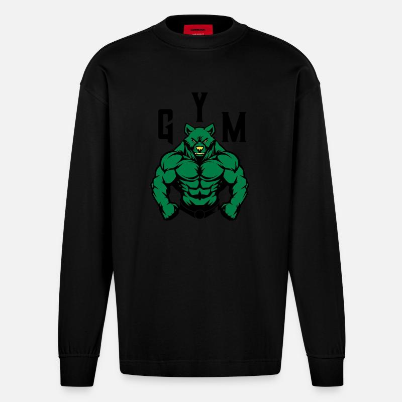Bear Comic Gym Beast - Heavyweight Oversized Organic Longsleeve Shirt Made in EU - SOLID BLACK