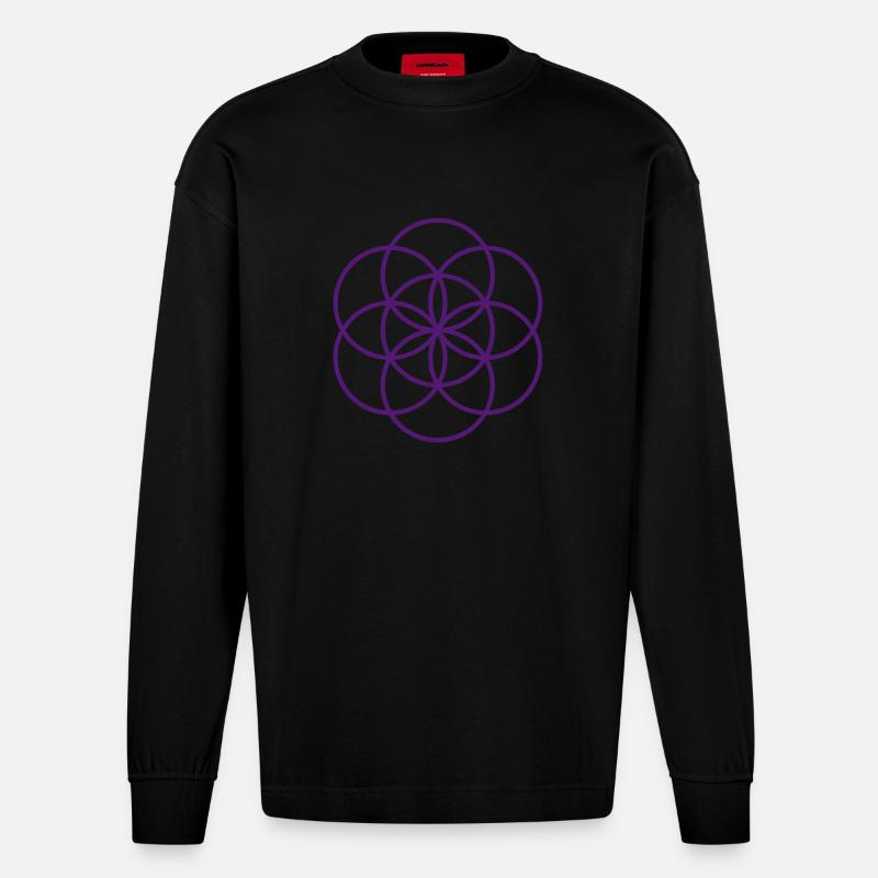 Blume des Lebens - beginning - Heavyweight Oversized Organic Langarmshirt Made in EU - SOLID BLACK