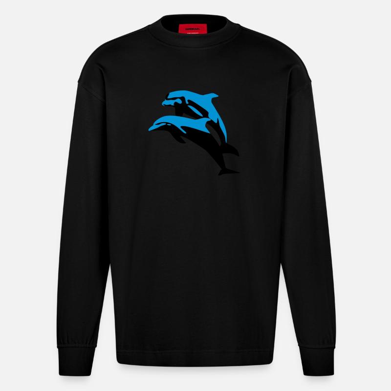 Delfin, Delfine - Dolphin - Heavyweight Oversized Organic Langarmshirt Made in EU - SOLID BLACK