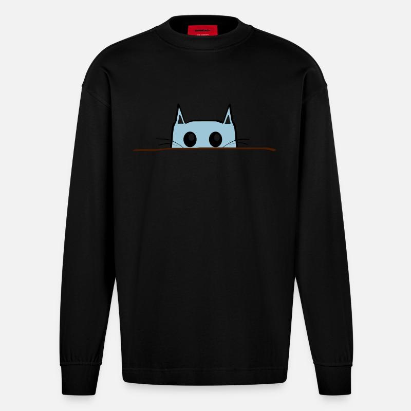 Katze Comic Tisch - Heavyweight Oversized Organic Langarmshirt Made in EU - SOLID BLACK