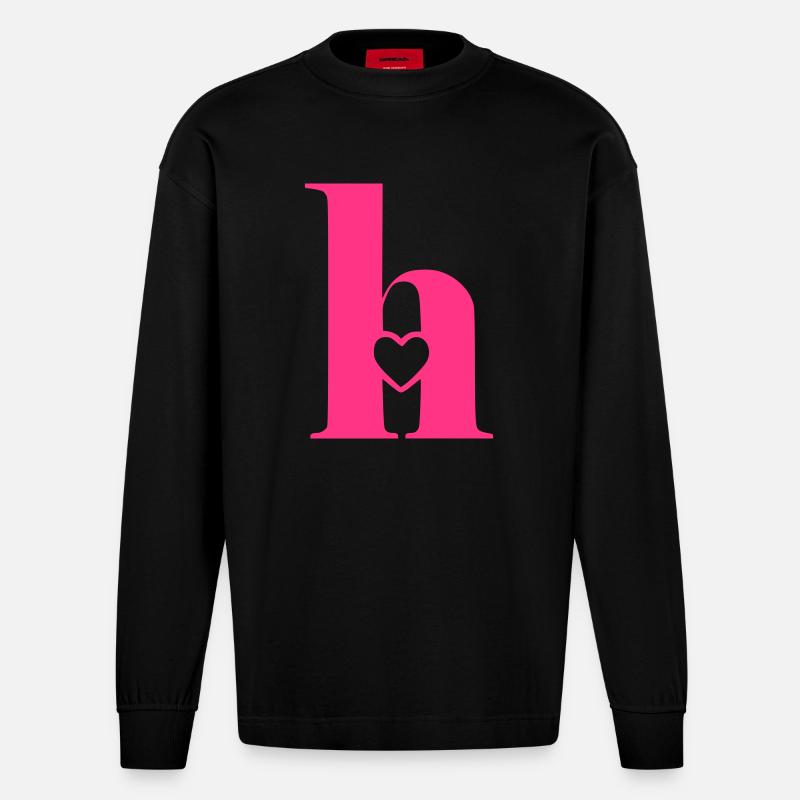 Buchstabe h Anfangsbuchstabe mit Herz - Heavyweight Oversized Organic Langarmshirt Made in EU - SOLID BLACK