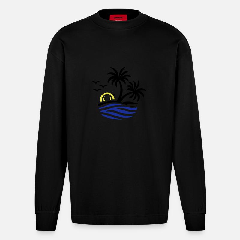 Insel Palmen Meer - Heavyweight Oversized Organic Langarmshirt Made in EU - SOLID BLACK
