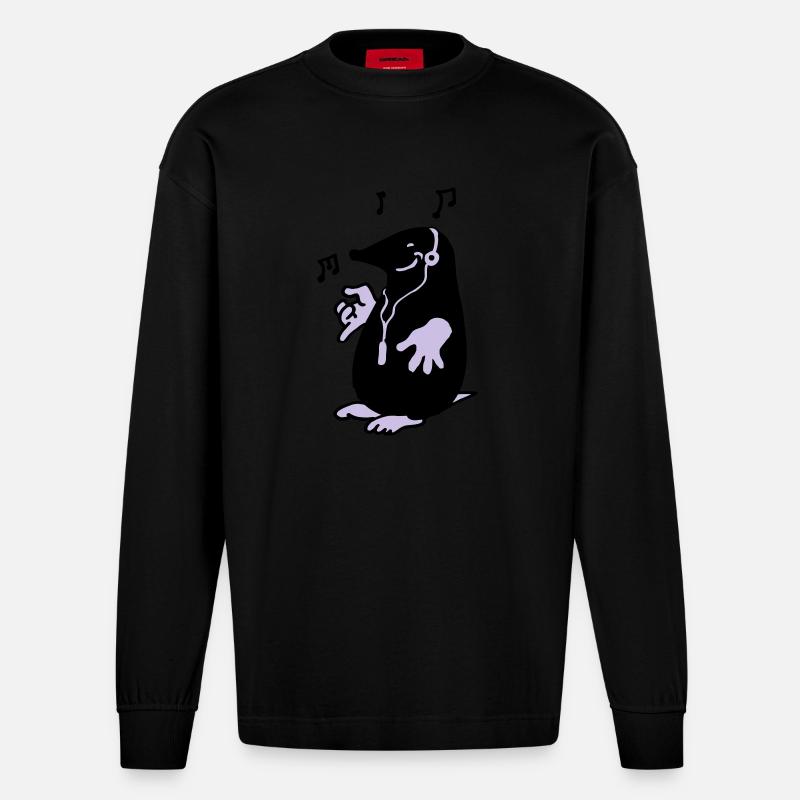 Maulwurf mit MP3-Man - Heavyweight Oversized Organic Langarmshirt Made in EU - SOLID BLACK