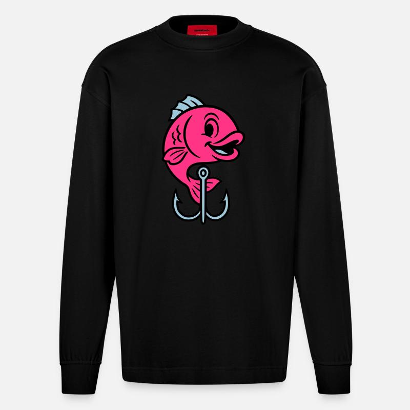 Fish Fish Hook Comic - Heavyweight Oversized Organic Longsleeve Shirt Made in EU - SOLID BLACK
