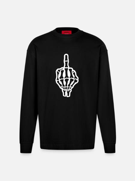 Skeleton Middle Finger Hand - Heavyweight Oversized Organic Longsleeve Shirt Made in EU - SOLID BLACK