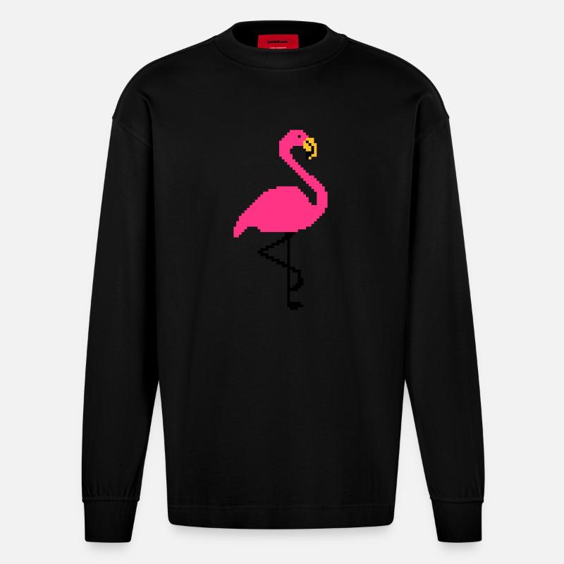 Flamingo PIxel Art - Heavyweight Oversized Organic Langarmshirt Made in EU - SOLID BLACK