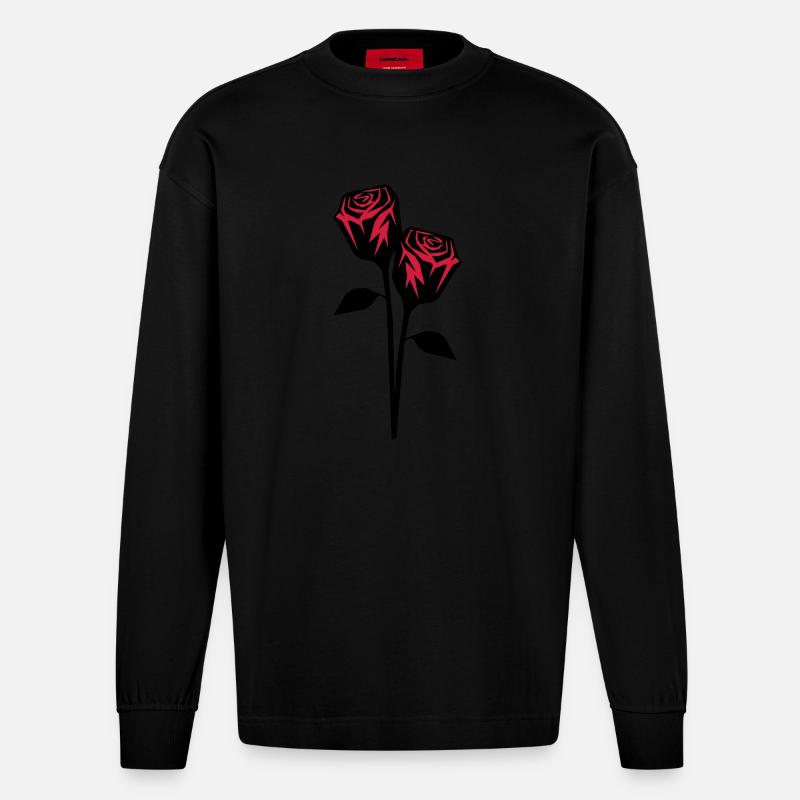 roses design - Heavyweight Oversized Organic Langarmshirt Made in EU - SOLID BLACK