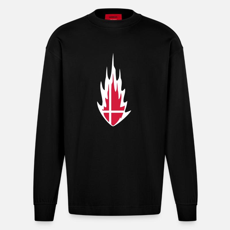 Denmark Danmark Fire Flame Design - Heavyweight Oversized Organic Langarmshirt Made in EU - SOLID BLACK