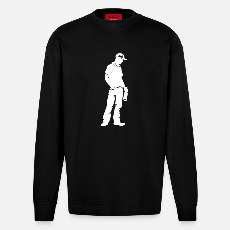 Drinking Mann Flasche - Heavyweight Oversized Organic Langarmshirt Made in EU - SOLID BLACK