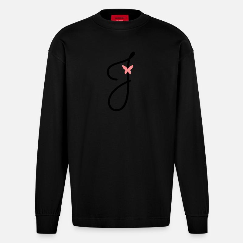 Buchstabe J Schmetterlingsbuchstabe - Heavyweight Oversized Organic Langarmshirt Made in EU - SOLID BLACK