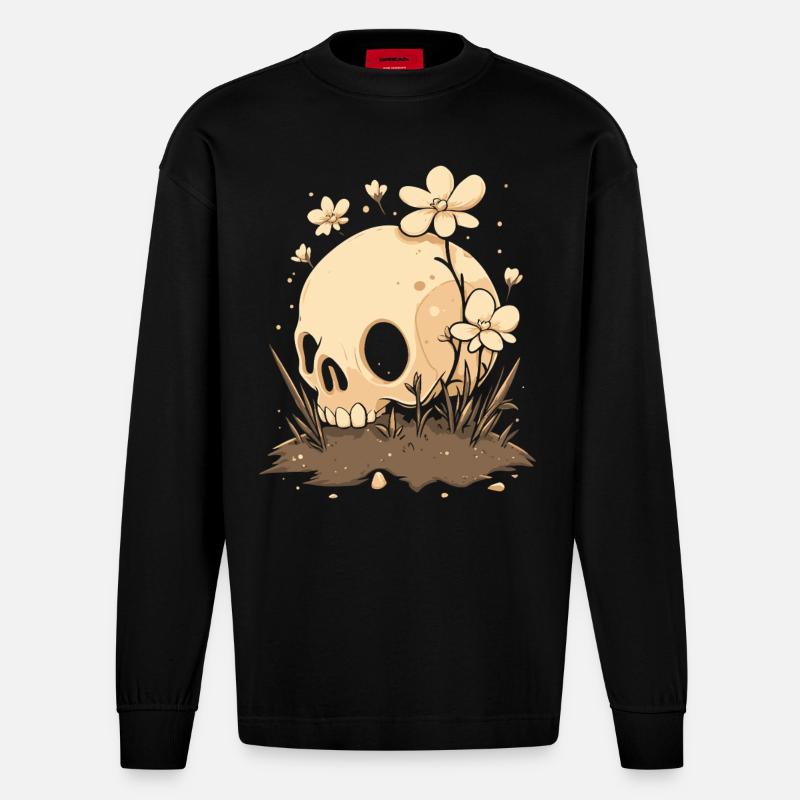 Mignon crâne avec prairie fleurie - Manches longues bio épais oversize fabriqué en UE - SOLID BLACK