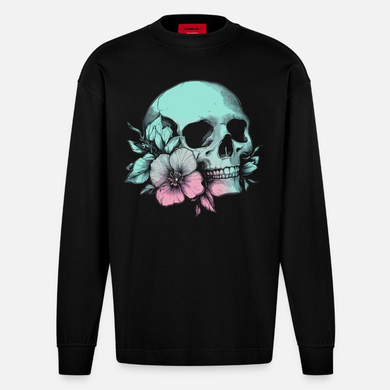 Pastell-Schädel mit Blume & Stil - Heavyweight Oversized Organic Langarmshirt Made in EU - SOLID BLACK