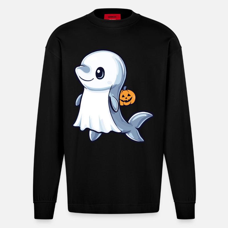 Dolphin Halloween Comic Ghost - Heavyweight Oversized Organic Longsleeve Shirt Made in EU - SOLID BLACK