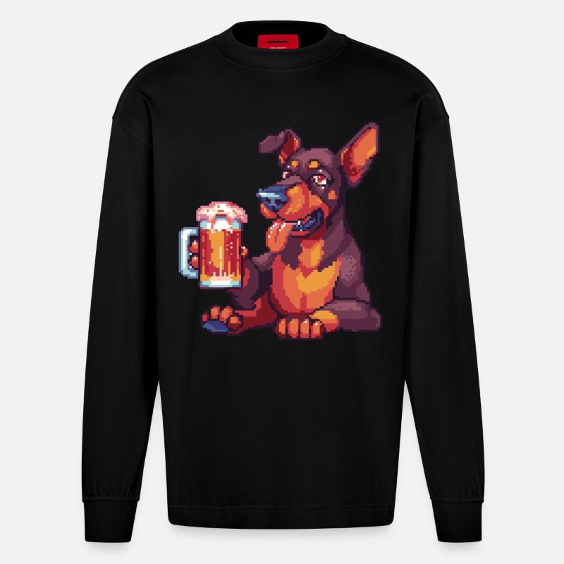 Doberman Chien Pixel Bière - Manches longues bio épais oversize fabriqué en UE - SOLID BLACK