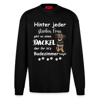 Hinter jedem starken Frauchen steht ein Dackel - Heavyweight Oversized Organic Langarmshirt Made in EU - SOLID BLACK - Vorne