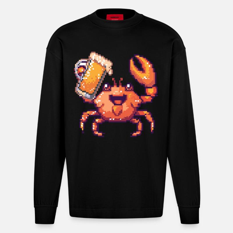 Krebs Krabbe Pixel Bier - Heavyweight Oversized Organic Langarmshirt Made in EU - SOLID BLACK