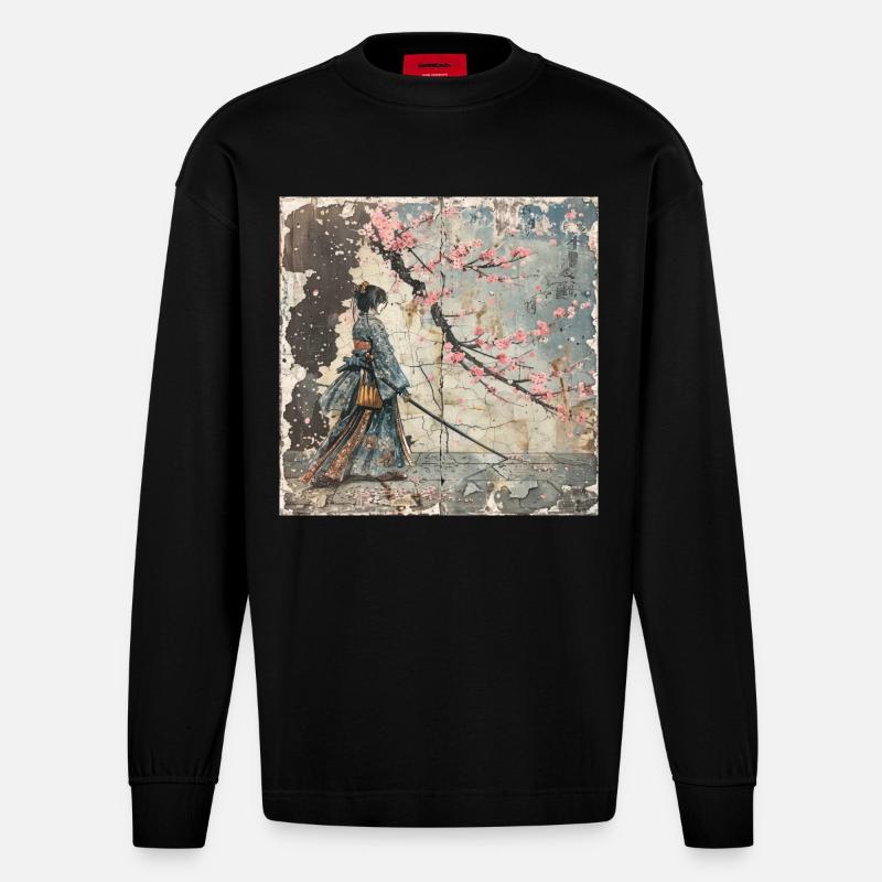 Japanisch, Samurai, Kirschblüte, Kunst, Ukiyo-E - Heavyweight Oversized Organic Langarmshirt Made in EU - SOLID BLACK