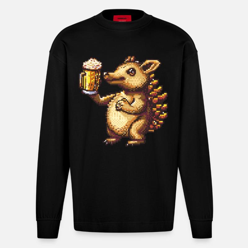 Gürteltier Pixel Bier - Heavyweight Oversized Organic Langarmshirt Made in EU - SOLID BLACK