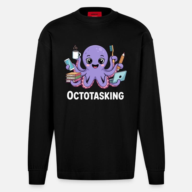 Octotasking Krake im Multitasking Modus - Heavyweight Oversized Organic Langarmshirt Made in EU - SOLID BLACK