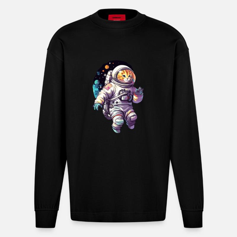 Katze Space Astronaut - Heavyweight Oversized Organic Langarmshirt Made in EU - SOLID BLACK