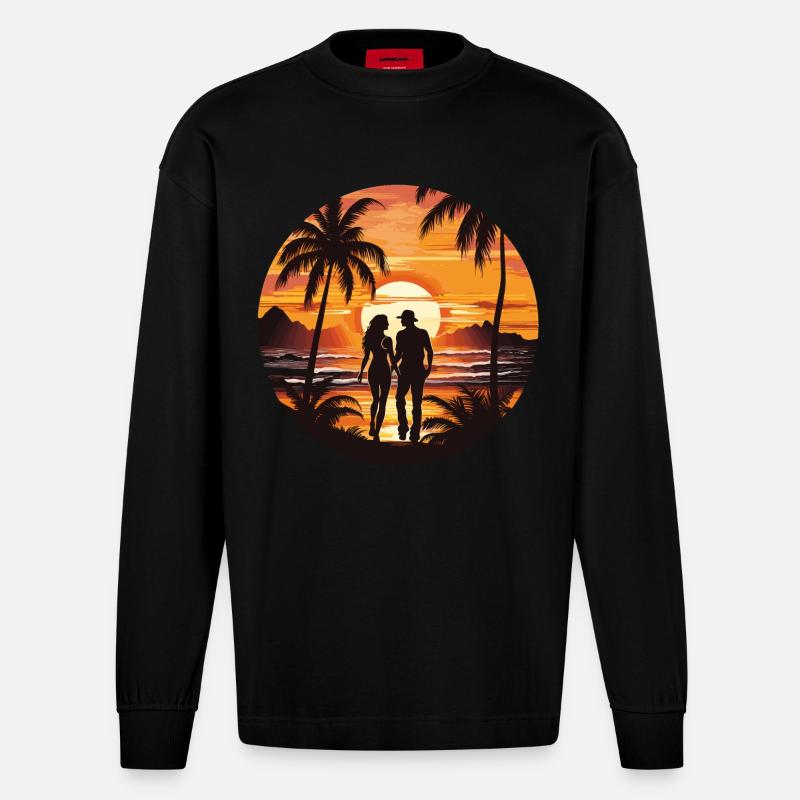 Plage Coucher de soleil - Manches longues bio épais oversize fabriqué en UE - SOLID BLACK